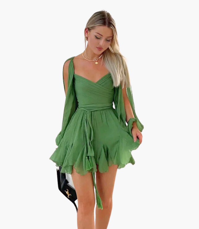 Women V Neck Long Sleeve Ruffle Tie Waist Mini Dress - product image 8