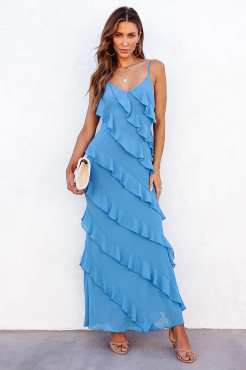 Front view of a light blue V-neck ruffle side slit maxi dress, with a subtle sheen.