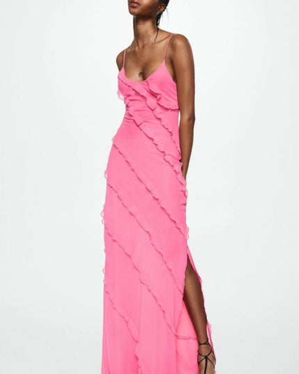 Full-length women's pink maxi dress with spaghetti straps, V-neck, and cascading ruffles, featuring a side slit.