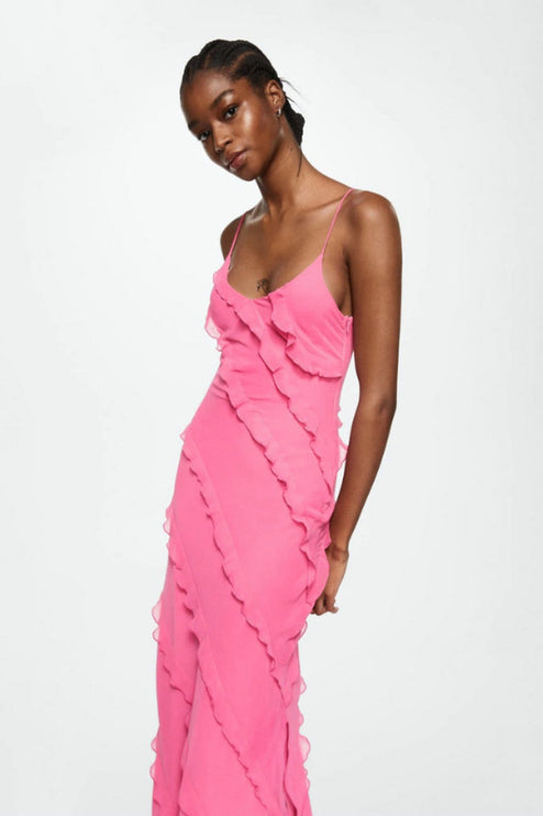 Close-up of the women's pink maxi dress, highlighting the V-neckline and tiered ruffle details.