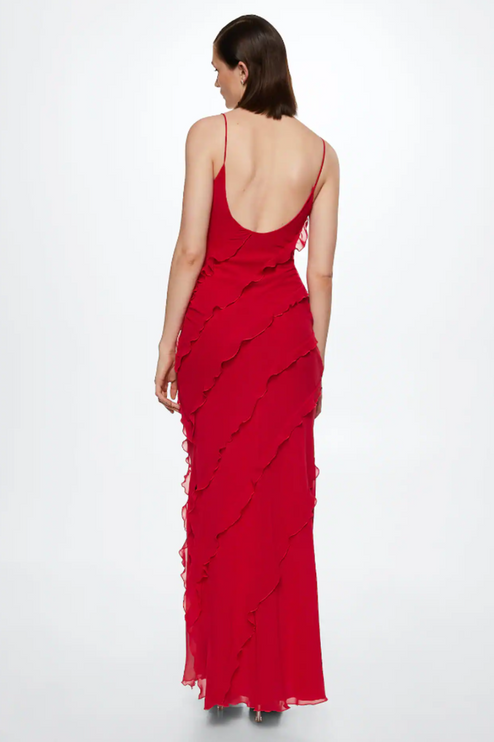 Rear view of the red V-neck ruffle side slit maxi dress, highlighting the low back design.