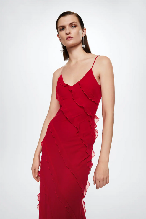 Upper body shot of the red V-neck ruffle maxi dress, showing the spaghetti straps and ruffle details.