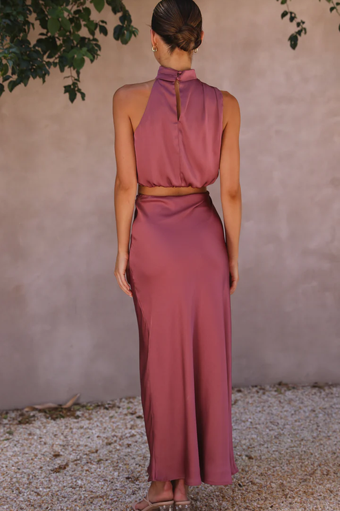 Rear view of the plum satin two-piece maxi set, showcasing the smooth fabric and design for women's wedding attire.