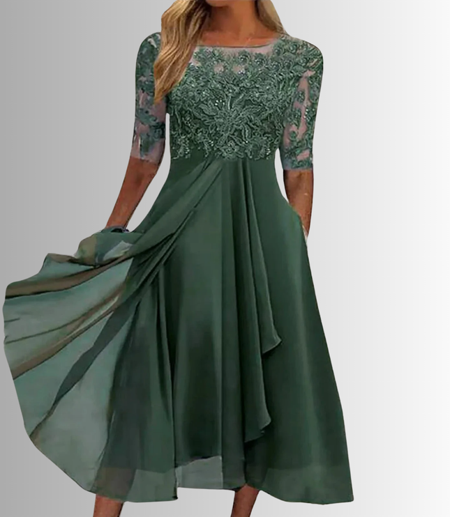 Forest green boat neck midi dress for women, showcasing a beautiful lace design on the top and sheer sleeves, with a graceful chiffon skirt that includes pockets, a lovely wedding guest dress.