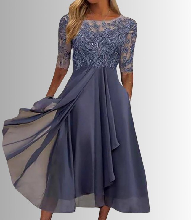 Stylish dark grey boat neck midi dress for women, featuring a lace-detailed bodice, sheer elbow-length sleeves, and a flowing chiffon skirt with practical pockets, great for wedding events.