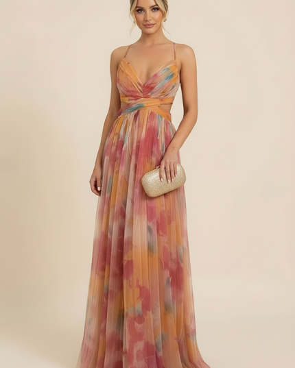 Full-length view of a women's sleeveless maxi dress for wedding guests, featuring a vibrant floral pattern and V-neckline.