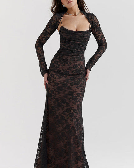 Black lace corset back strapless maxi dress with long sleeve bolero, ruched bodice, and floral lace overlay.