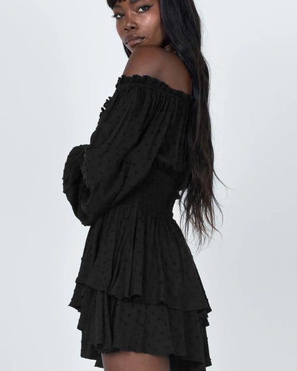 Black off-shoulder mini dress with long puff sleeves and tiered ruffled skirt detail
