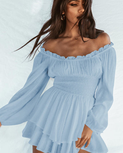 Light blue off-shoulder mini dress with long sleeves, shirred bodice, and ruffled hem
