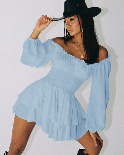 Front view of light blue off-shoulder mini dress with tiered skirt and long sleeves, with hat