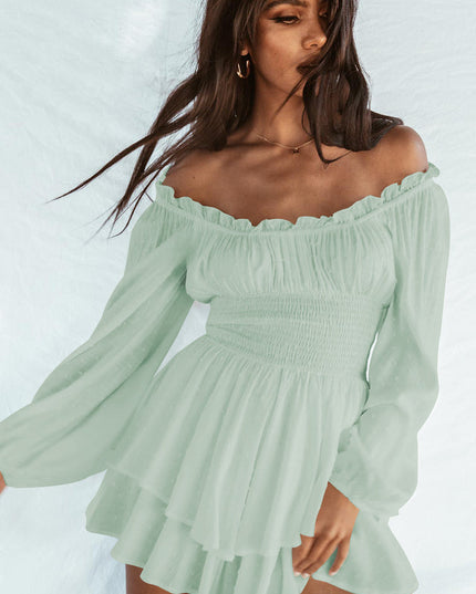 Light green off-shoulder mini dress with long puff sleeves, shirred bodice, and ruffled hem