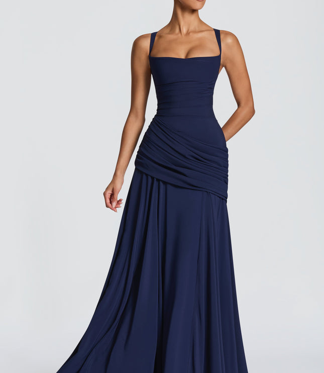 Close back view of navy satin maxi dress with square back neckline and smooth fitted straps