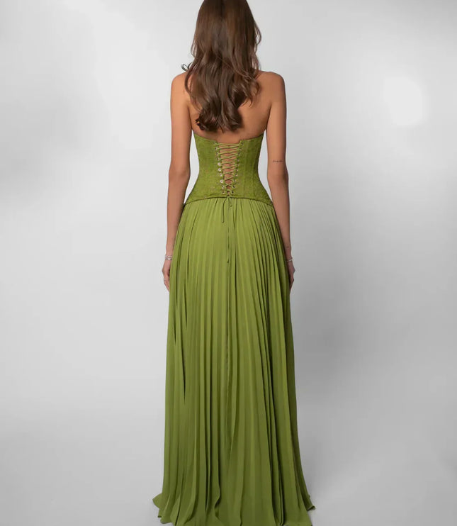 Back view olive green halter lace maxi dress with corset lace-up bodice and pleated skirt