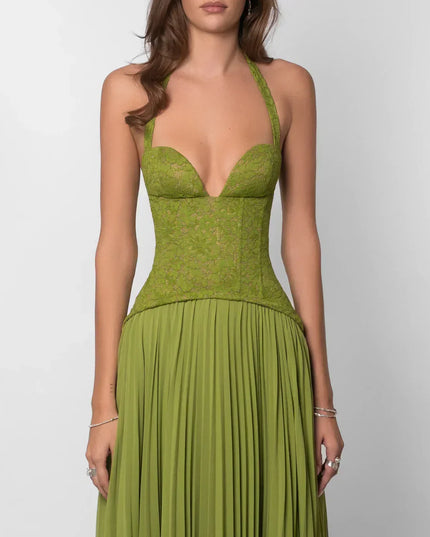 Closeup of olive halter lace maxi dress bodice with deep plunge cups and fitted waist
