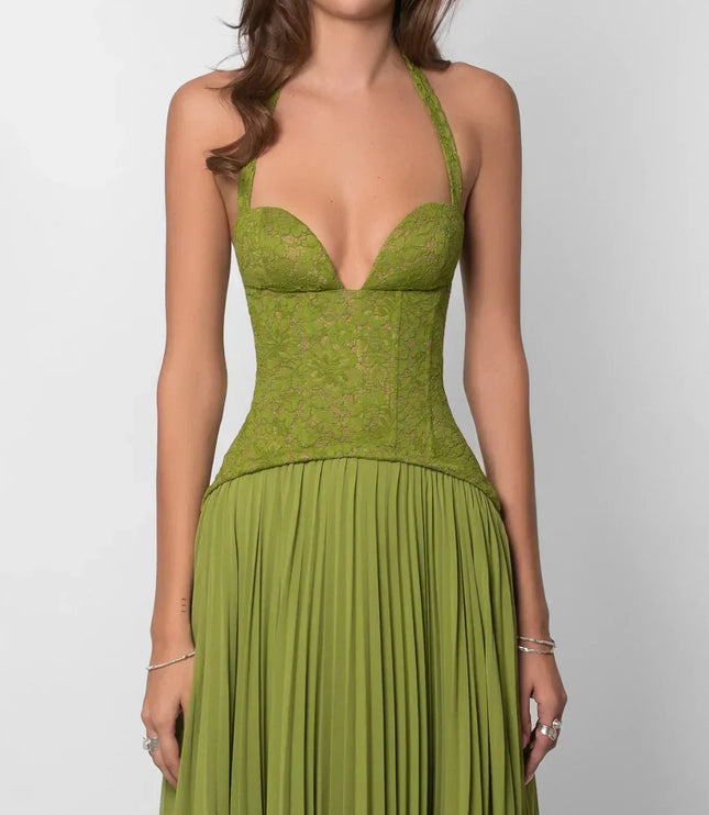 Closeup of olive halter lace maxi dress bodice with deep plunge cups and fitted waist