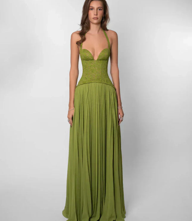 Olive green halter lace maxi dress with plunging neckline and pleated skirt, front view