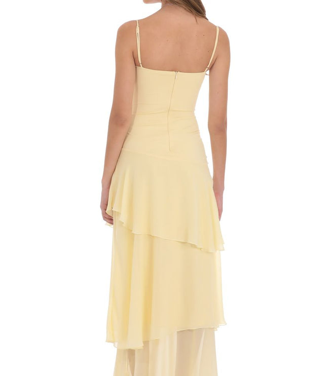 Back view pale yellow corset ruffled maxi dress with thin straps, zipper back, tiered skirt