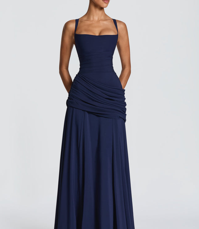 Pale yellow satin maxi dress with square neckline and full-length skirt, front studio view
