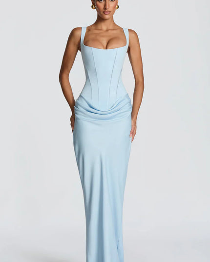 Pale yellow square neck corset maxi dress with fitted waist and draped skirt, front view
