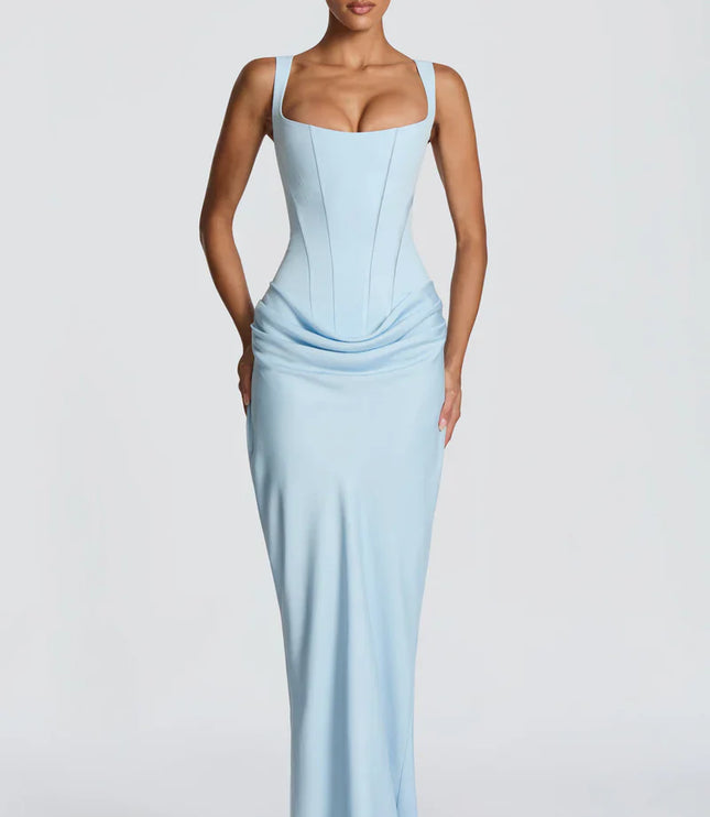Pale yellow square neck corset maxi dress with fitted waist and draped skirt, front view