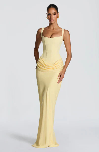 Pale yellow square neck corset maxi dress with ruched hip drape, full front view