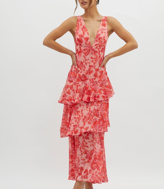 Pink floral ruffled maxi dress front view with plunging neckline and layered skirt