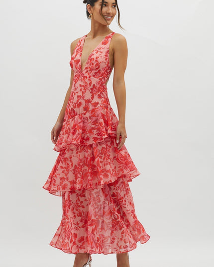 Pink floral ruffled maxi dress with deep v-neck and tiered skirt, front view summer dress
