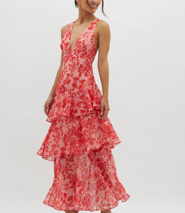 Pink floral ruffled maxi dress with deep v-neck and tiered skirt, front view summer dress