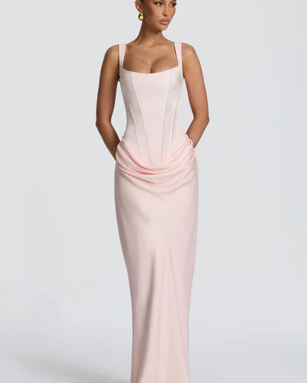 Soft pink square neck corset maxi dress with fitted bodice, front view