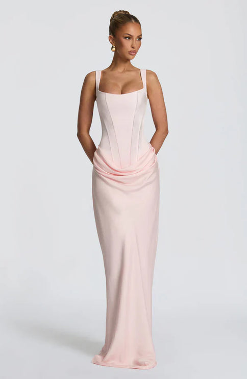 Soft pink square neck corset maxi dress with fitted bodice, front view