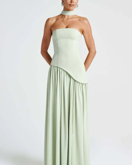 Sage green halter maxi dress with scarf tie, strapless bodice, and thigh slit front view