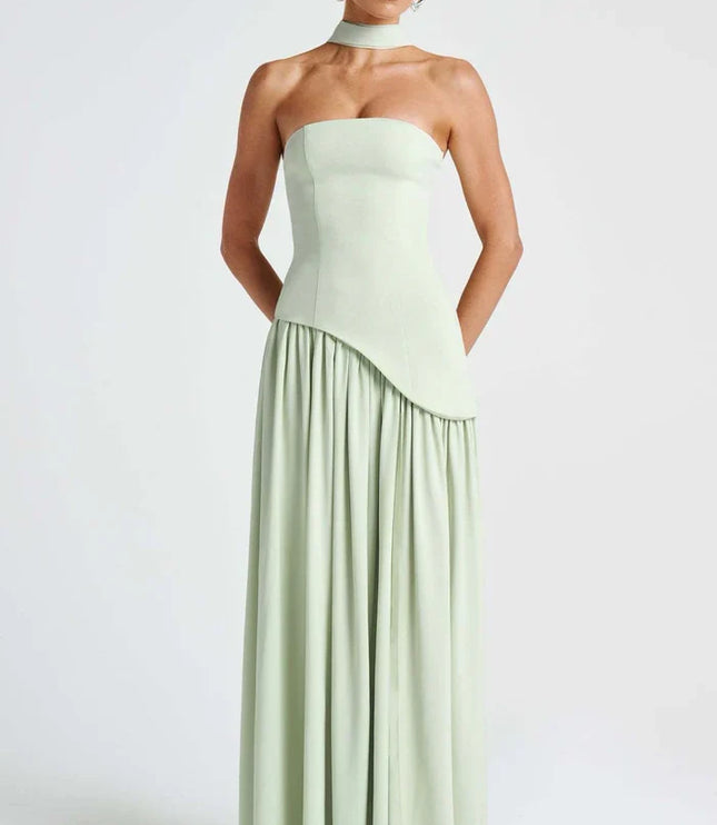 Sage green halter maxi dress with scarf tie, strapless bodice, and thigh slit front view