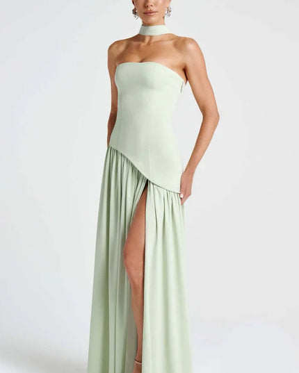 Sage green halter maxi dress with fitted strapless bodice and flowing skirt front view
