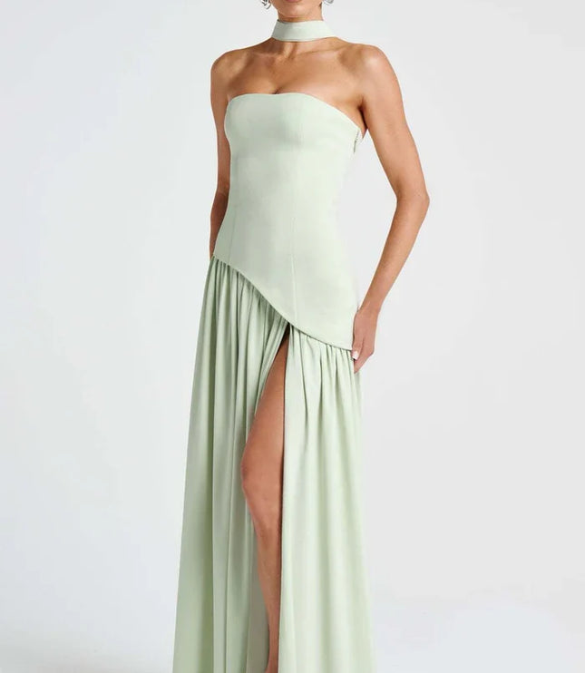 Sage green halter maxi dress with fitted strapless bodice and flowing skirt front view