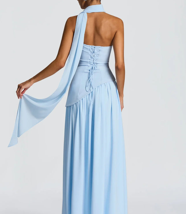 Back view of sky blue halter maxi dress with lace-up corset back and flowing scarf tie