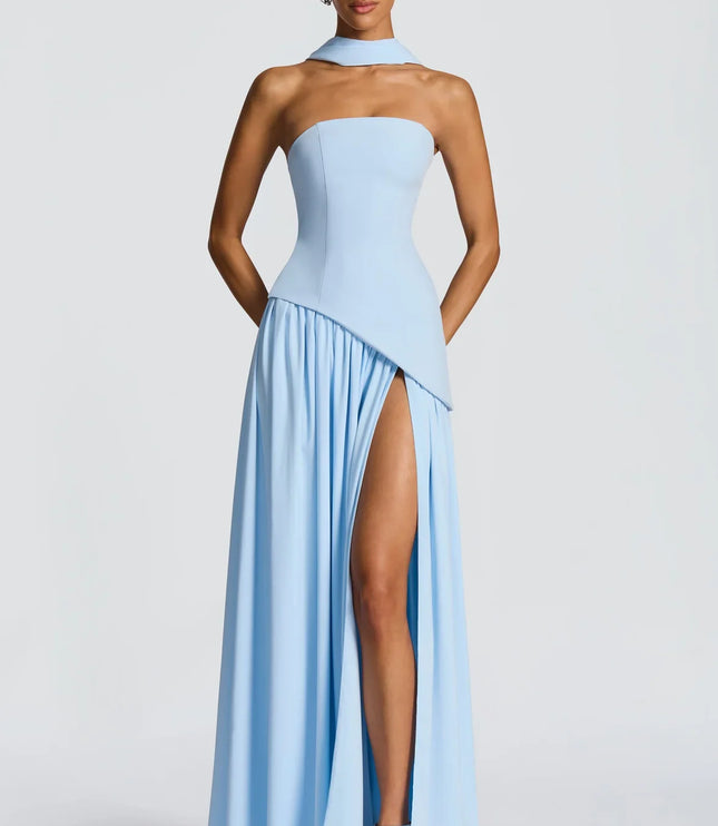 Front view of sky blue halter maxi dress with high side slit and draped skirt