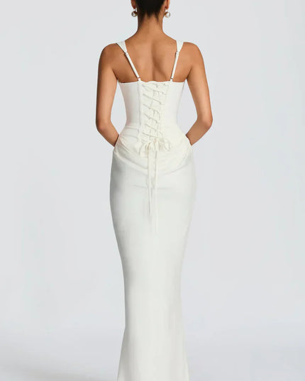 White corset maxi dress back view with lace-up waist and straps