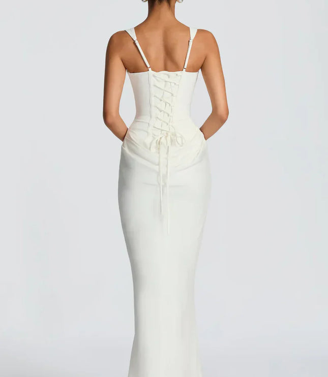 White corset maxi dress back view with lace-up waist and straps