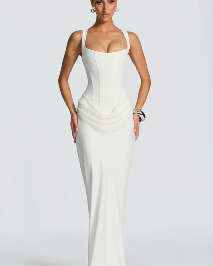 White square neck corset maxi dress with draped waist and fitted long skirt