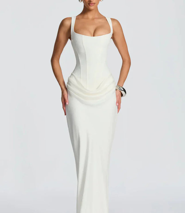 White square neck corset maxi dress with draped waist and fitted long skirt