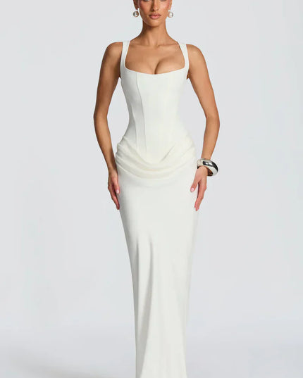 Front view of white square neck corset maxi dress with draped waist and elegant fitted shape