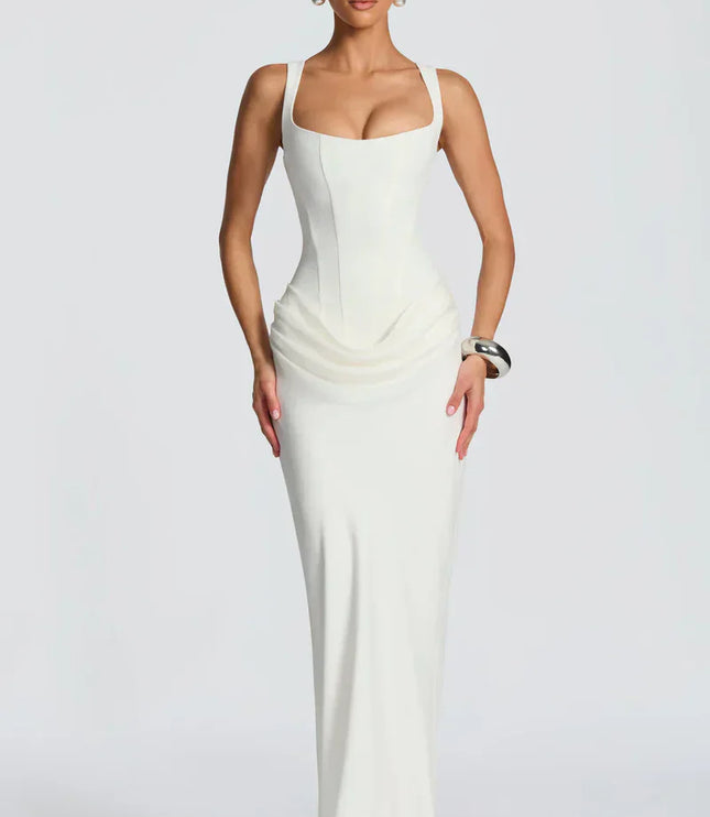Front view of white square neck corset maxi dress with draped waist and elegant fitted shape