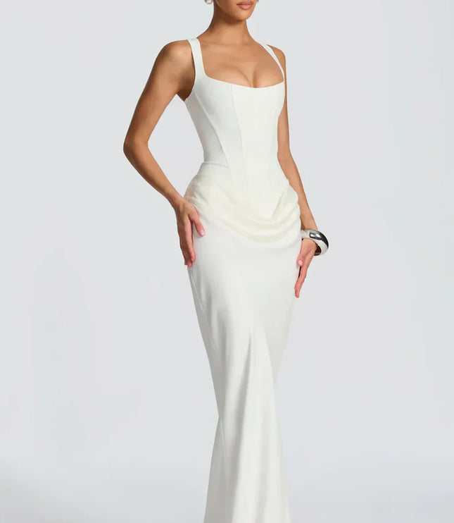 White corset maxi dress shown at a side angle with square neckline and smooth silhouette