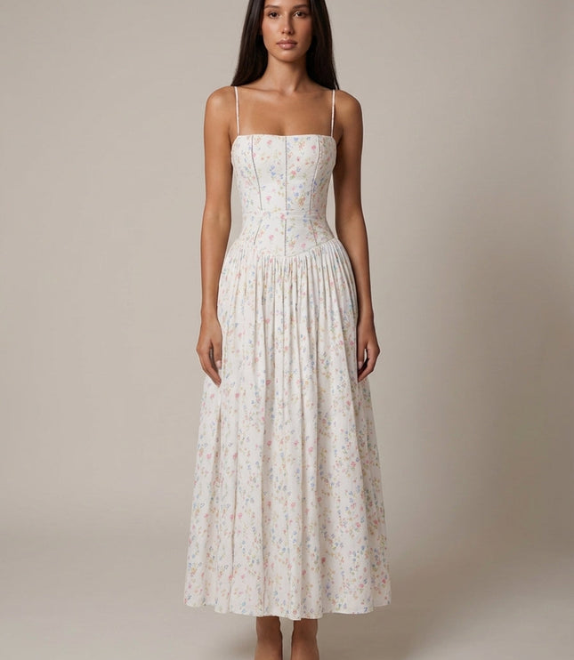 White floral corset midi dress with spaghetti straps and gathered skirt, front view summer dress