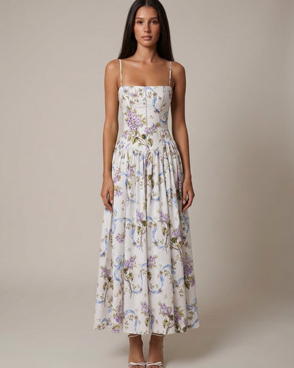 White corset midi dress with purple floral print and blue vine details, front view summer dress