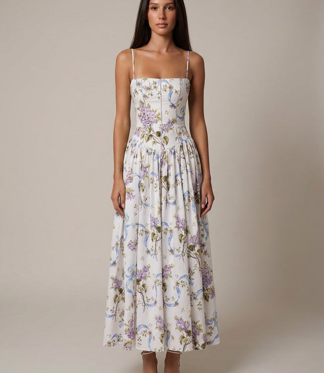 White corset midi dress with purple floral print and blue vine details, front view summer dress