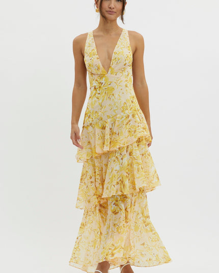 Yellow floral ruffled maxi dress front view with plunging neckline and layered skirt