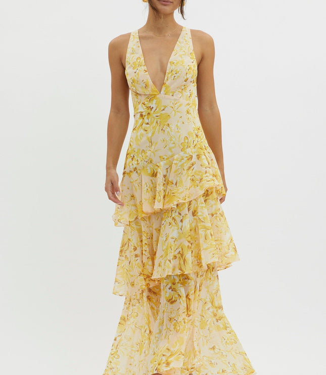 Yellow floral ruffled maxi dress front view with plunging neckline and layered skirt