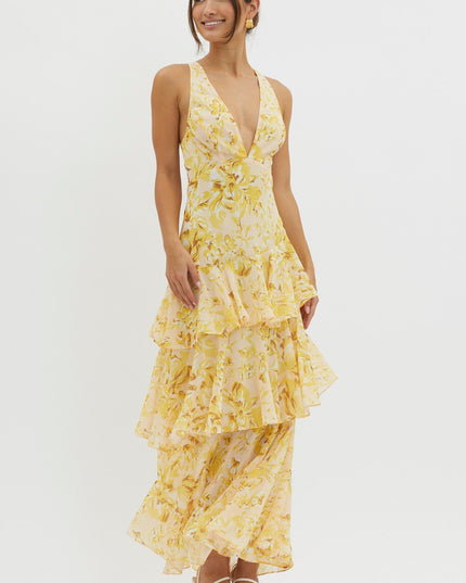 Yellow floral ruffled maxi dress with deep v-neck and tiered skirt, front view summer dress