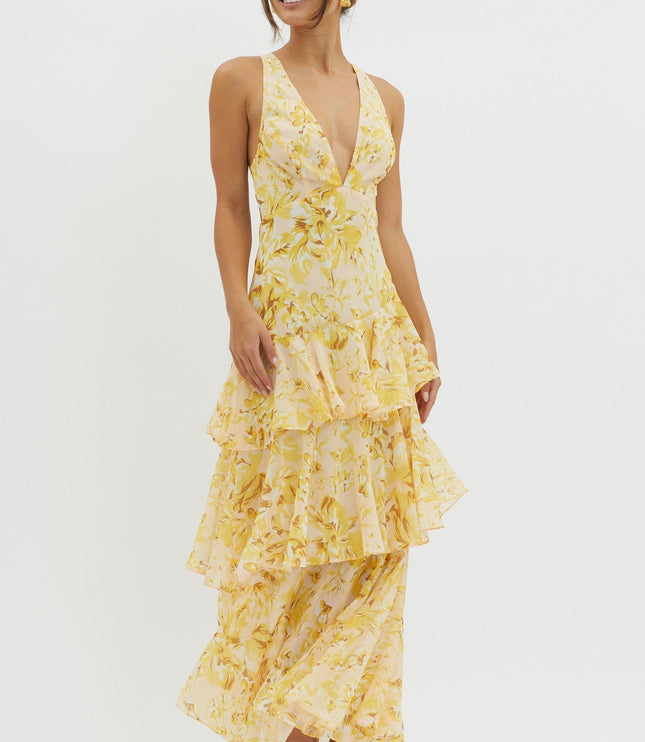 Yellow floral ruffled maxi dress with deep v-neck and tiered skirt, front view summer dress